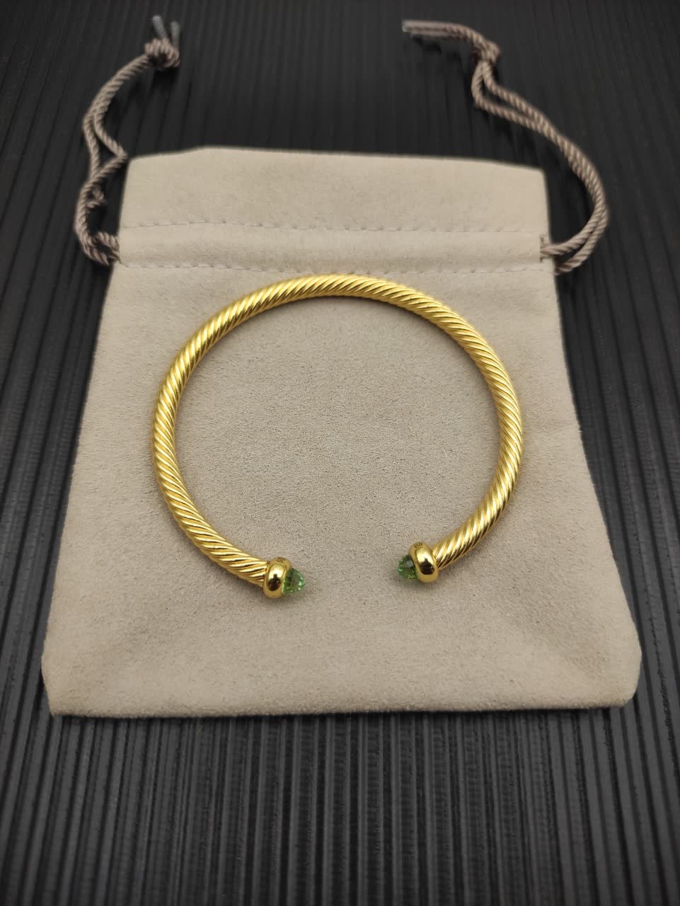 David Yurman Gold Tone Wire Bangle Bracelet with Green Stones